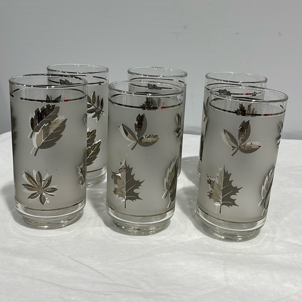 Libbey Silver Leaf frosted 14 Oz Tumbler glasses set of 6 vintage MCM